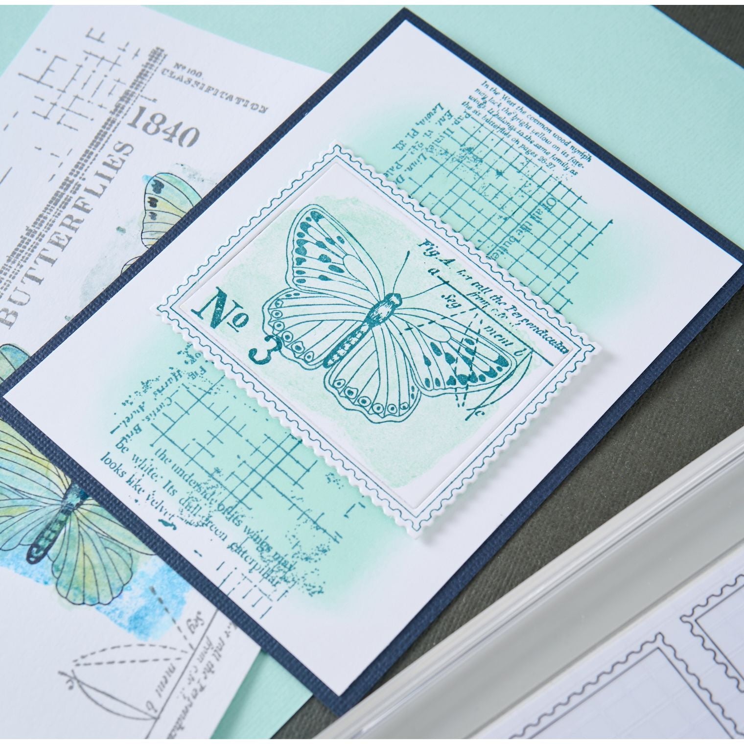 Sizzix and 49 and Market Postage Wings Clear Stamps and Framelits Dies 667182 blue butterfly blue trim card