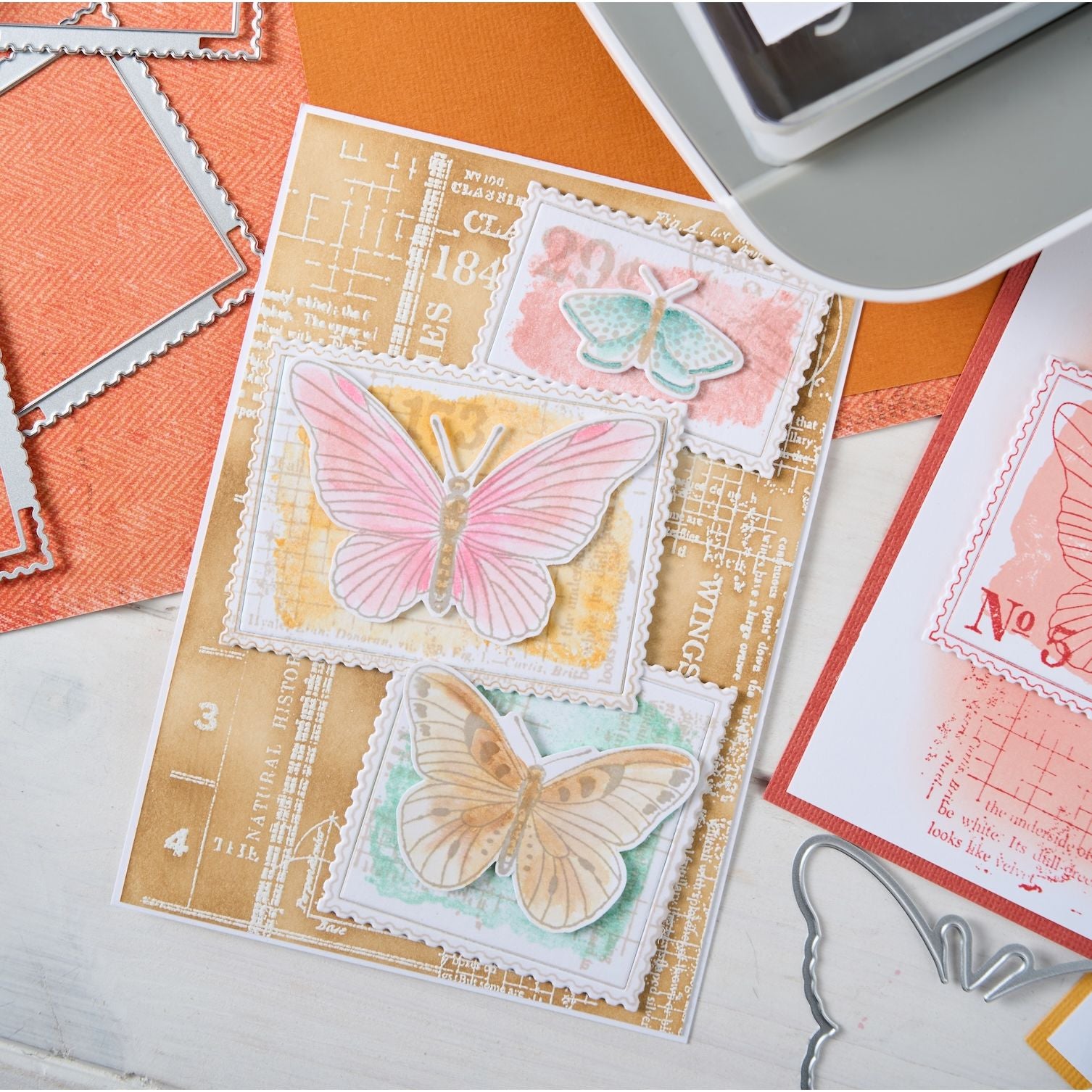 Sizzix and 49 and Market Postage Wings Clear Stamps and Framelits Dies 667182 pink and orange butterfly card