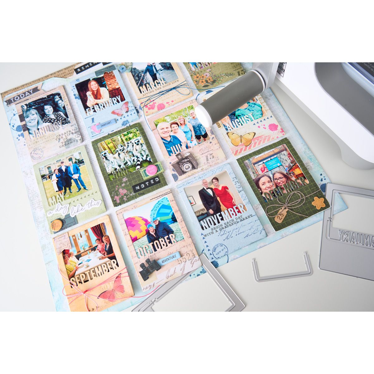 Sizzix and 49 and Market Snap and Swap Instamatic Thinlits Dies 667205 butterflies camera calendar months cards 