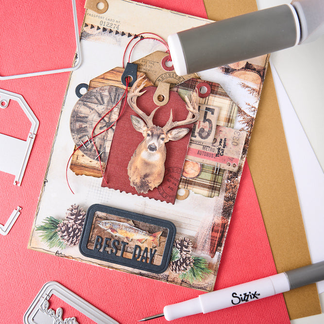 Sizzix and 49 and Market Snap and Swap Instamatic Thinlits Dies 667205 clock fish pinecones deer with antlers best day card