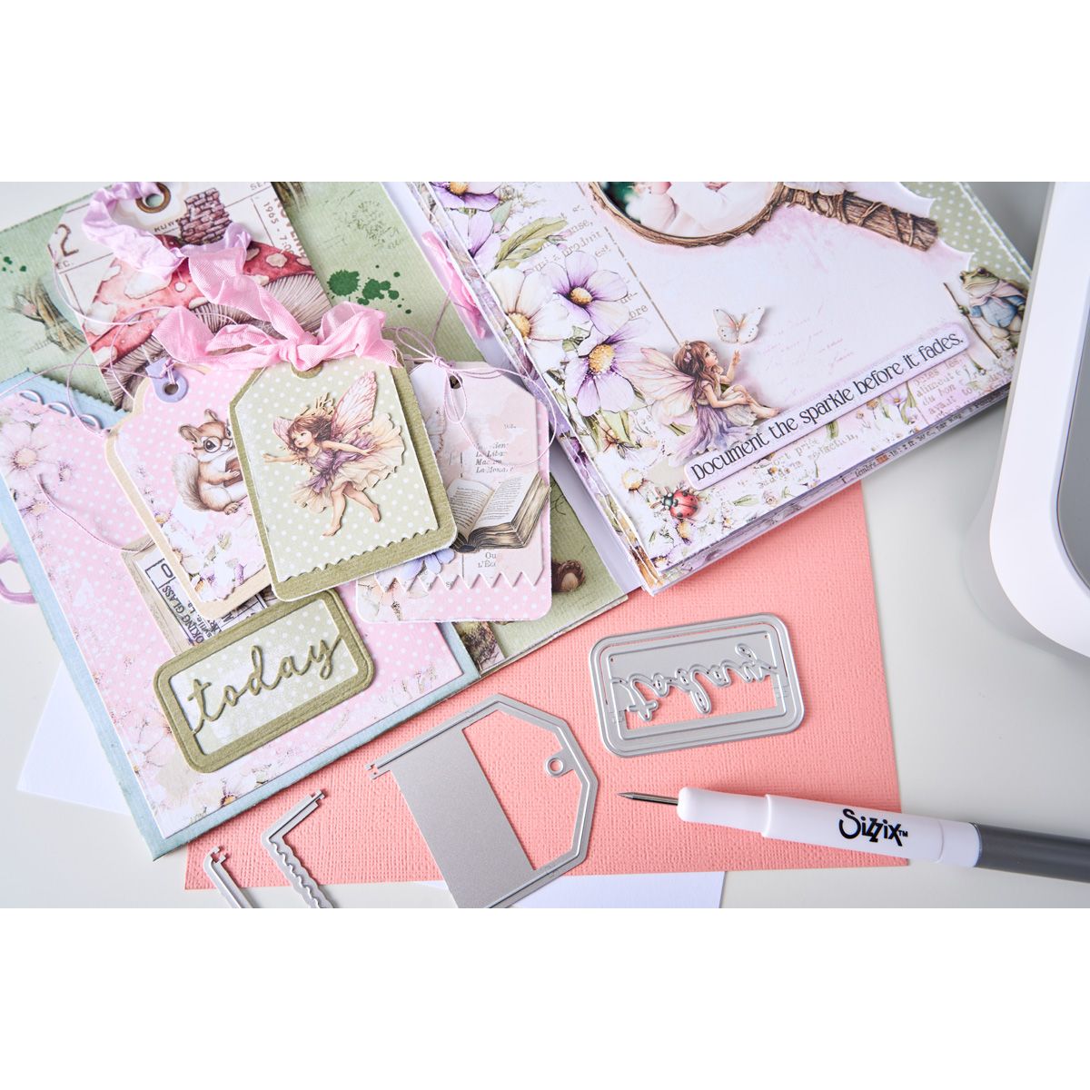 Sizzix and 49 and Market Snap and Swap Mini Tags Thinlits Dies 667206 fairies purple flowers pink bow tag cards