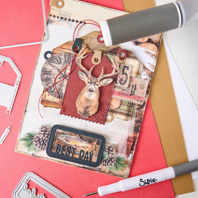 Sizzix and 49 and Market Snap and Swap Postage Label Thinlits Dies 667228 deer clock fish best day card