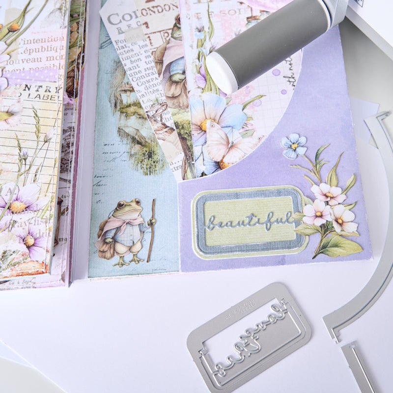 Sizzix and 49 and Market Snap and Swap Postage Label Thinlits Dies 667228 frog flowers purple pocket folder beautiful card