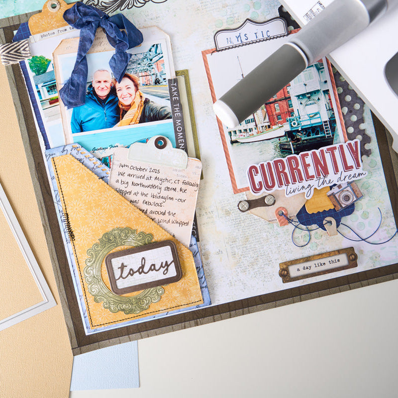 Sizzix and 49 and Market Snap and Swap Postage Label Thinlits Dies 667228 yellow pocket folder today green frame currently living the dream card