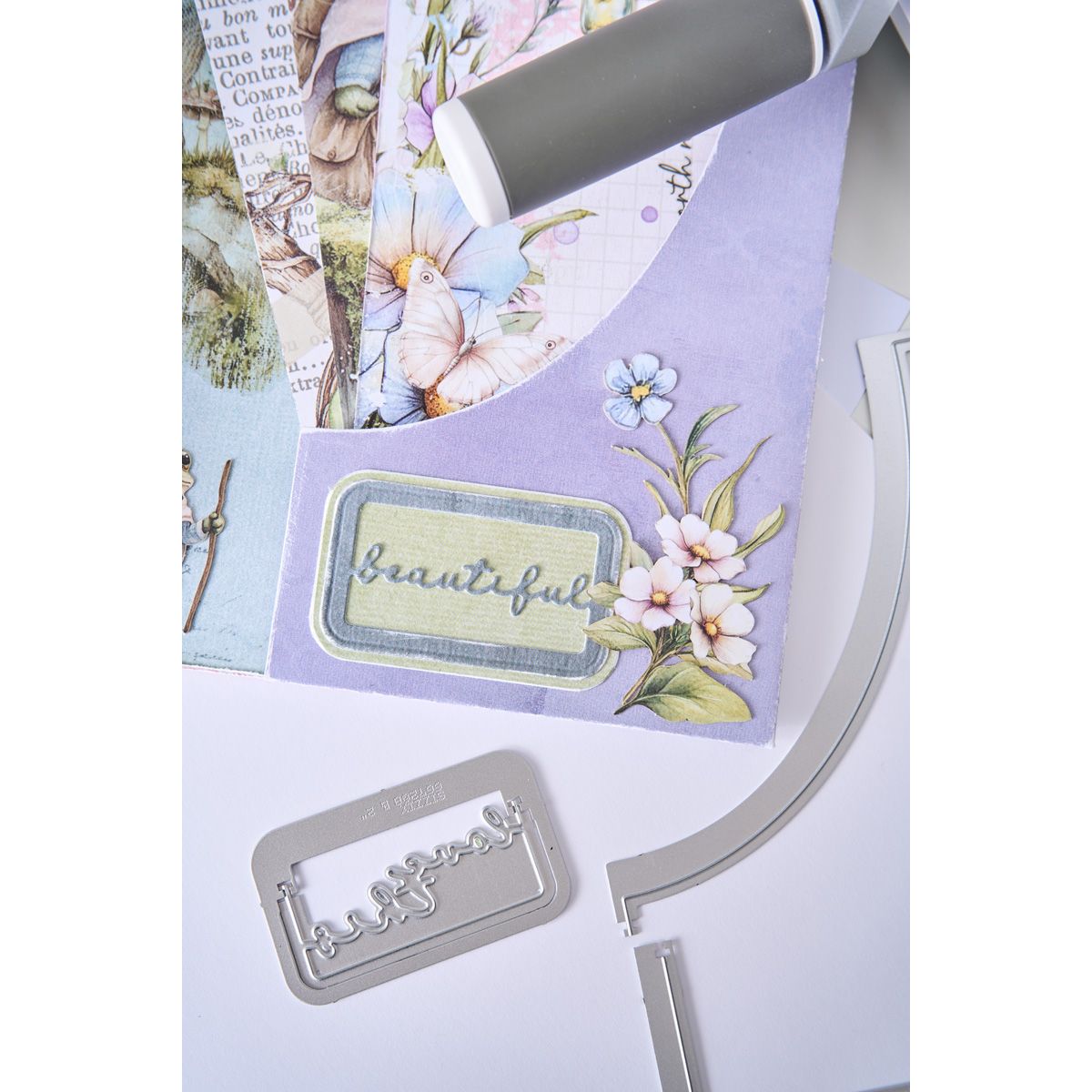 Sizzix and 49 and Market Snap and Swap Slanted Pocket Thinlits Dies 667227 blue and pink flowers beautiful  purple pocket folder card 