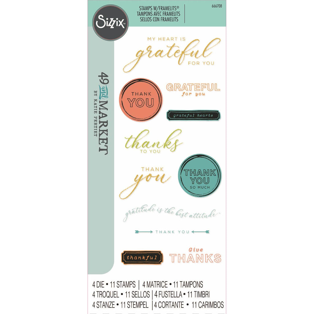 Sizzix and 49 and Market Thankful Sentiments Die and Stamp Set 666708
