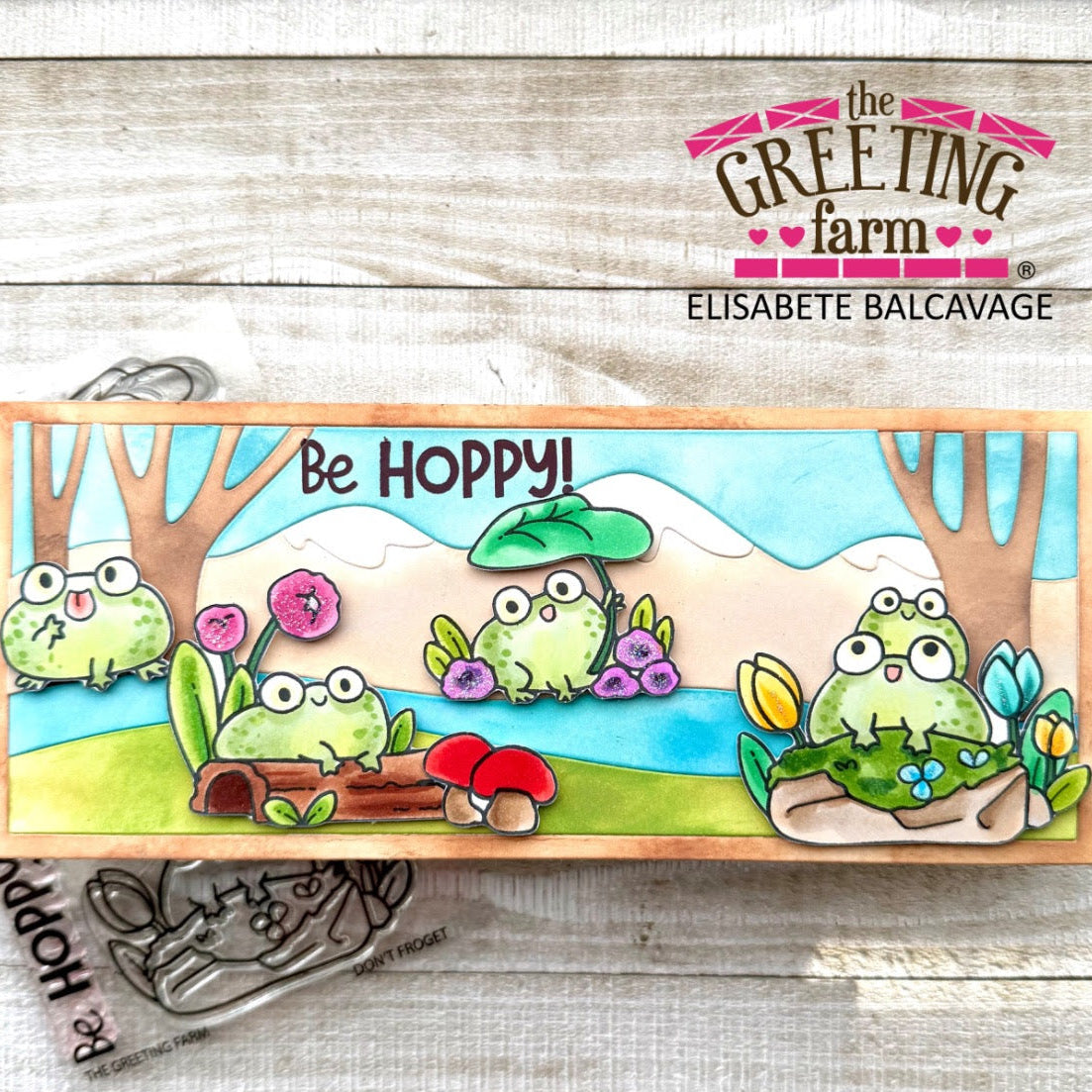 Slimline Card with Frog Scene and Sentiment 'Be Hoppy!'