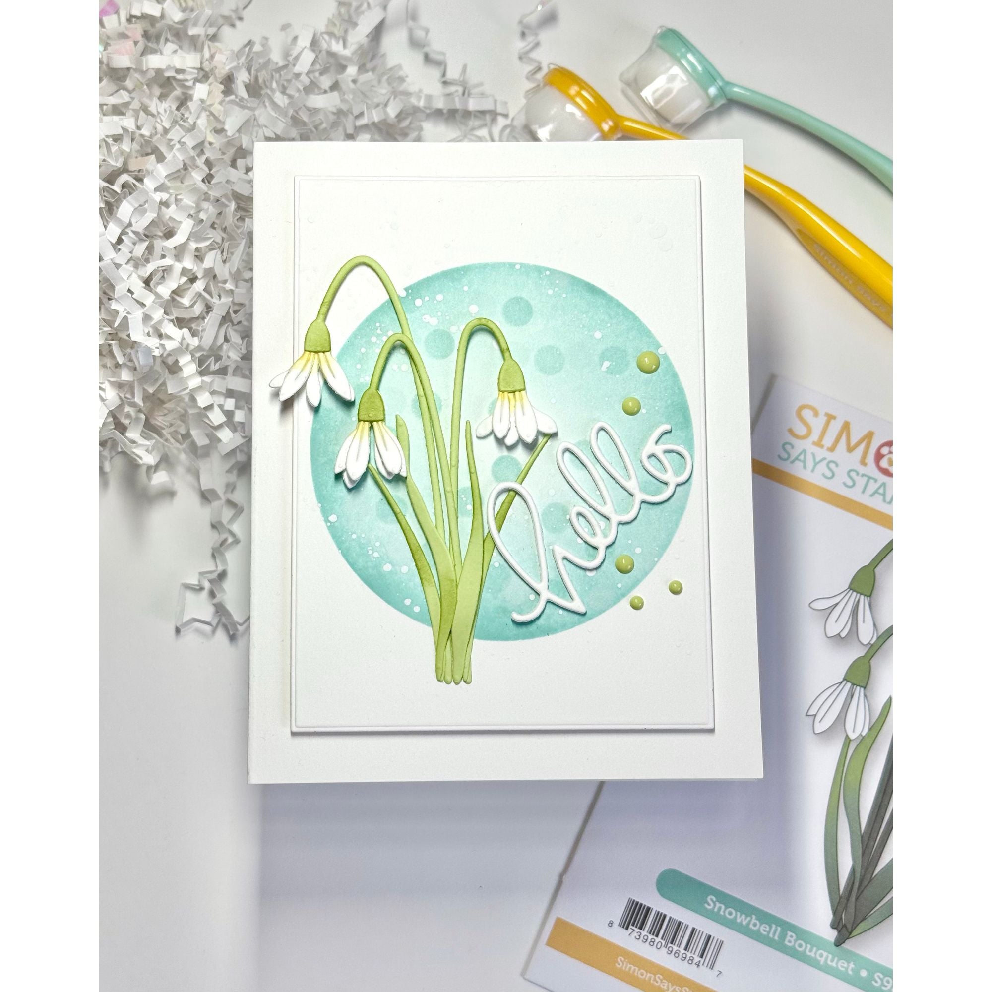 Simon Says Stamp Snowbell Bouquet Wafer Dies s984 Rain or Shine Hello Card