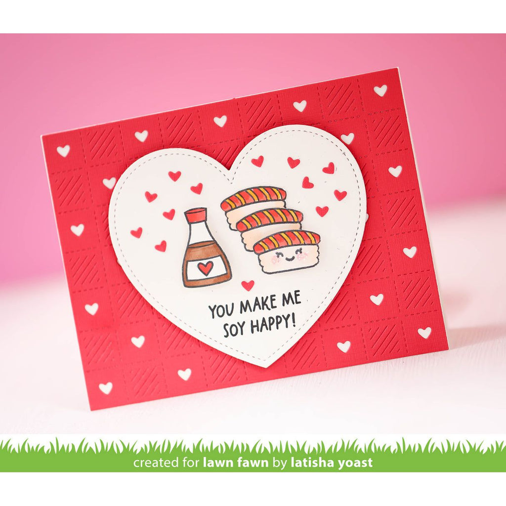 Card with cartoon soy sauce bottle and sandwich on a heart, surrounded by small hearts on a pink background.