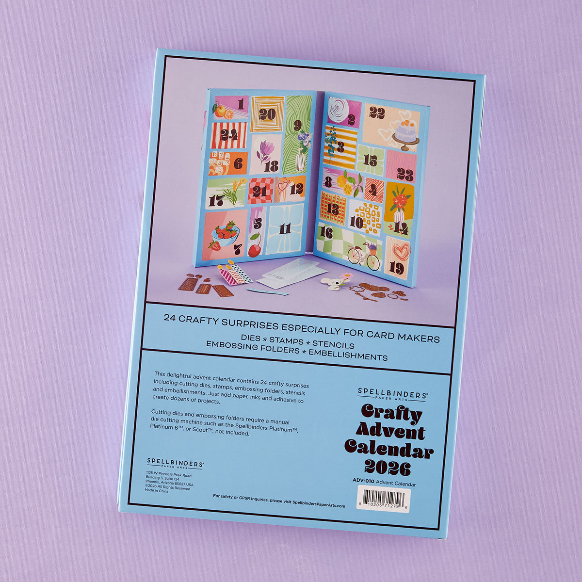 Spellbinders 2026 Crafty Advent Calendar adv-010 back of box info