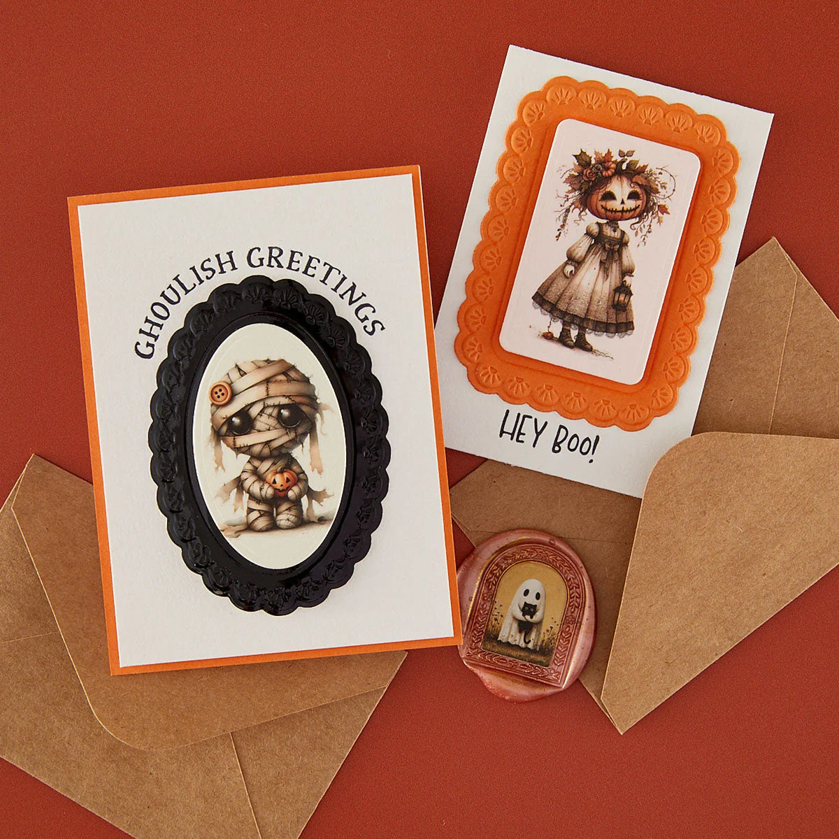 Spellbinders 3D Photo and Floral Arch Frame Inserts Etched Dies s1-194 mummy holding pumpkin ghost with cat ghoulish greetings card
