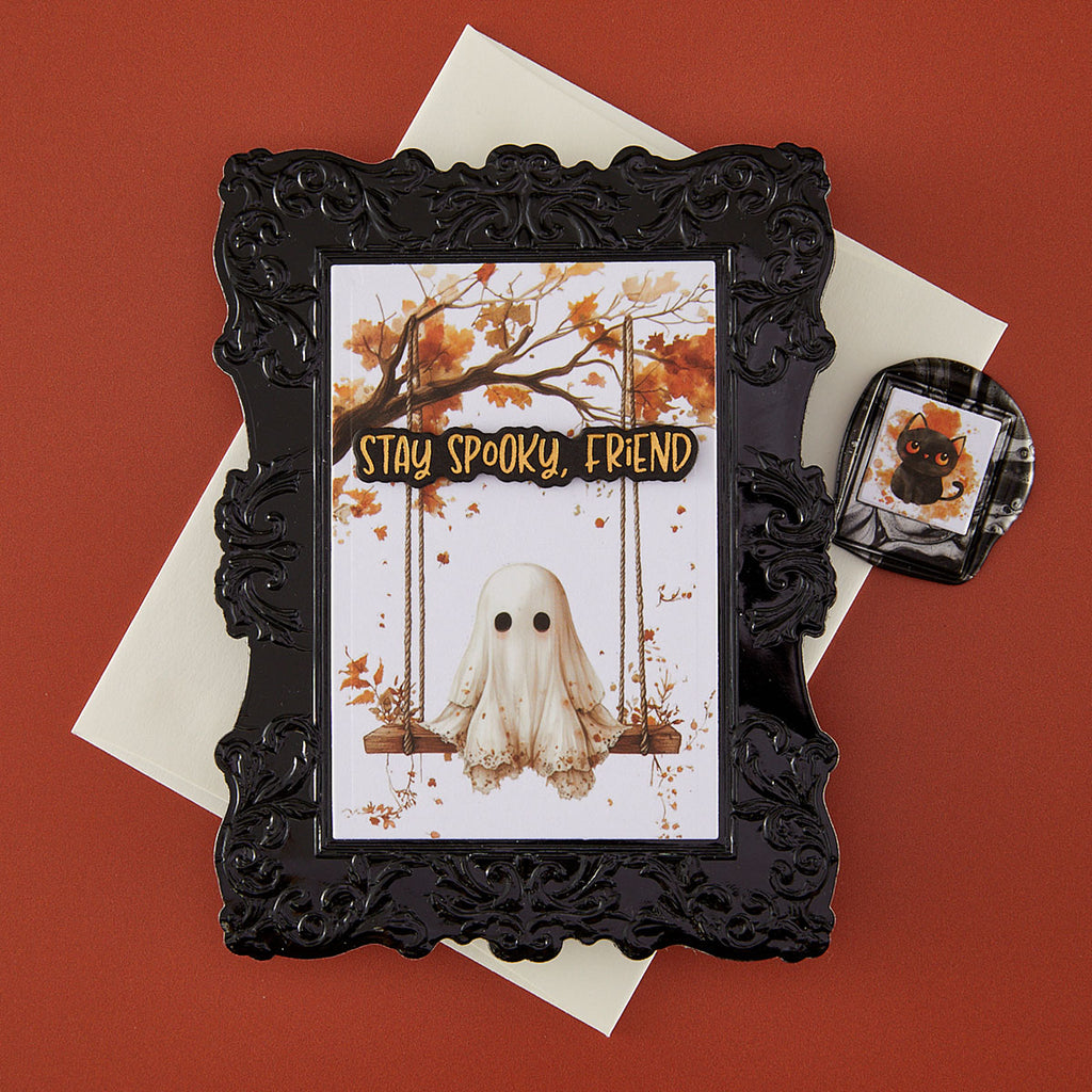 Spellbinders 3D Photo and Floral Arch Frames 3D Wax Seal Stamps ws3d-018 ghost on swing black cat stay spooky friend card