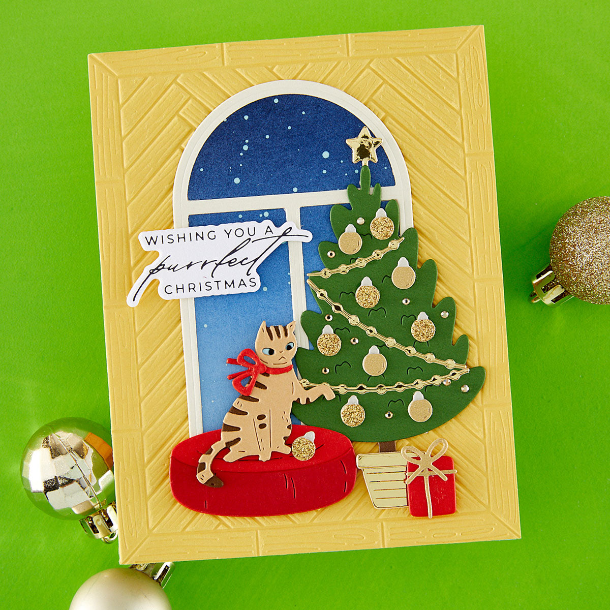 Spellbinders A2 Herringbone Décor 3D Embossing Folder e3d-183 cat on bed with red bow card