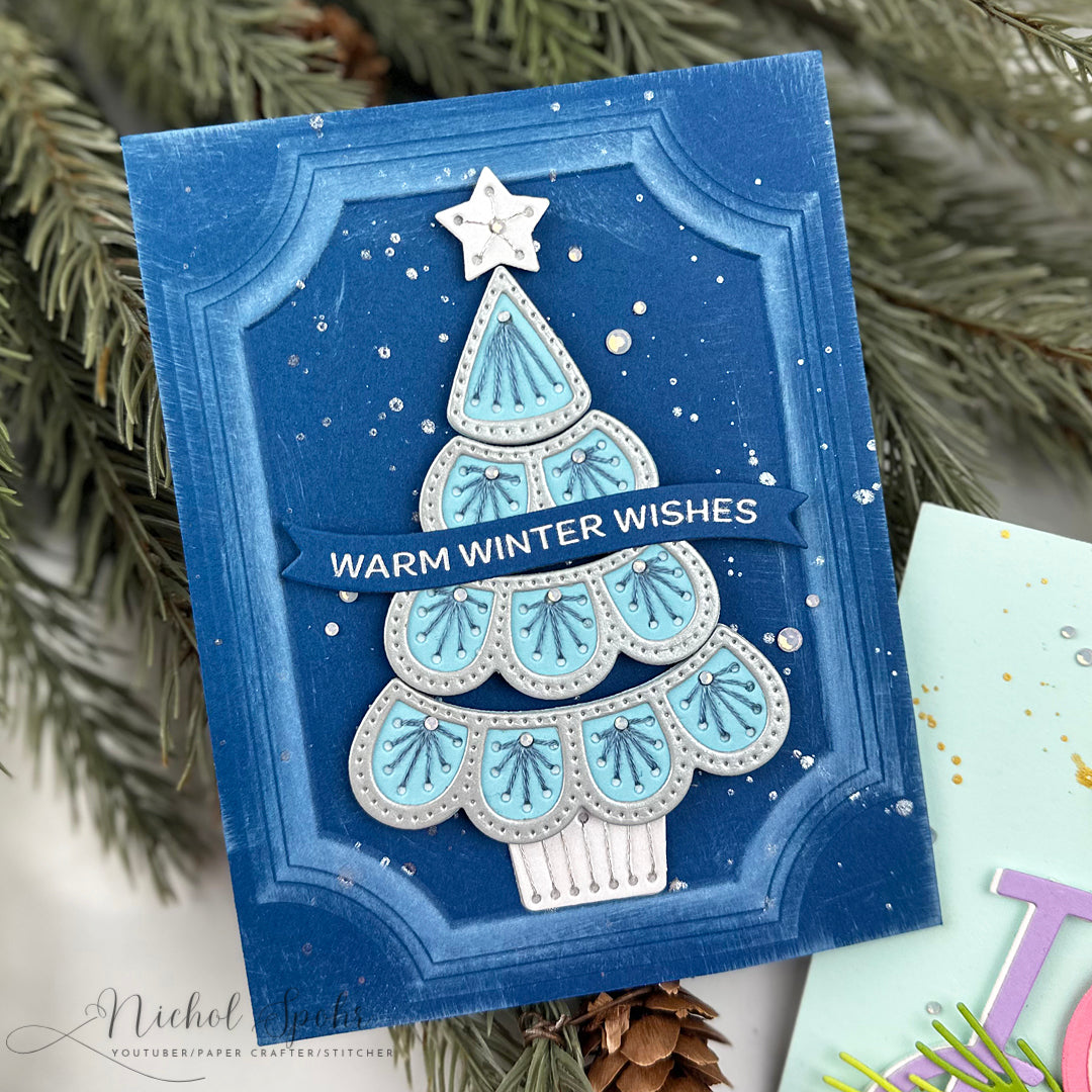 Spellbinders A2 Ornate Molded Frame 3D Embossing Folder e3d-179 blue stitched tree sequins warm winter wishes card nichol spohr | color-code:ALT01