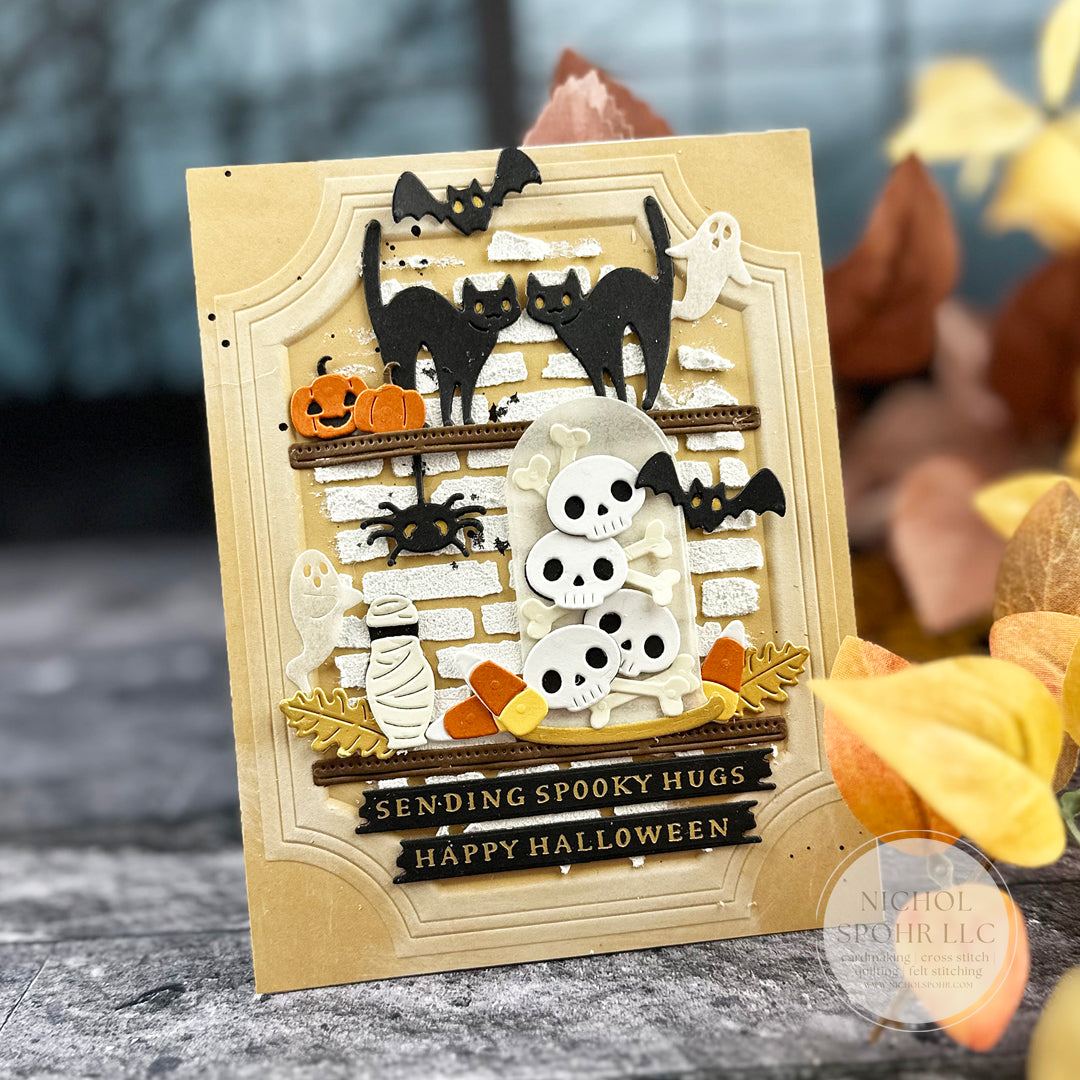 Spellbinders A2 Ornate Molded Frame 3D Embossing Folder e3d-179 cats on shelf spider bats candy corn halloween card nichol spohr