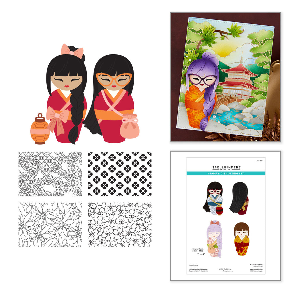 Spellbinders Autumn Kokeshi Dolls Stamp and Die Set sds-239