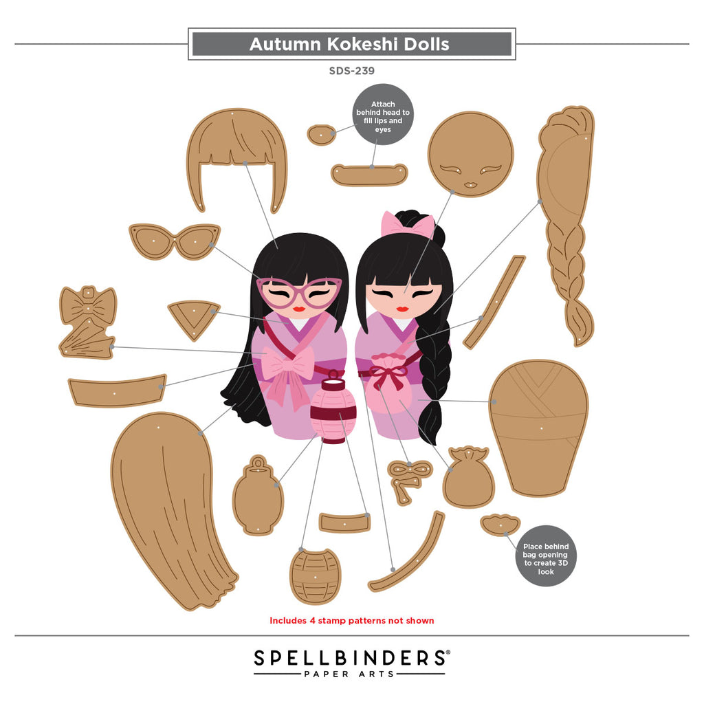 Spellbinders Autumn Kokeshi Dolls Stamp and Die Set sds-239 instructions