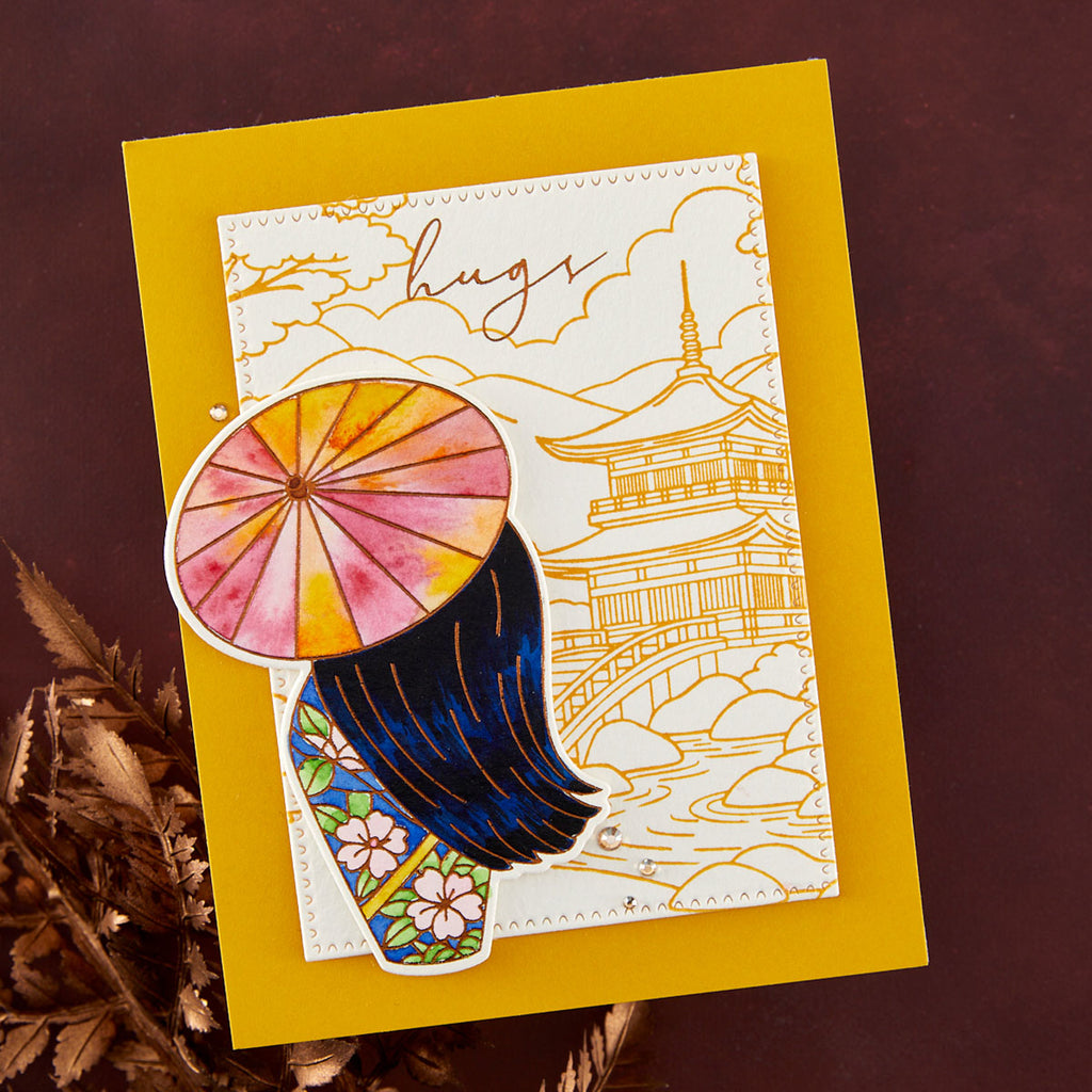 Spellbinders Autumn in Kyoto Clear Stamp Set stp-294 doll holding umbrella blue and white flower dress orange trim card