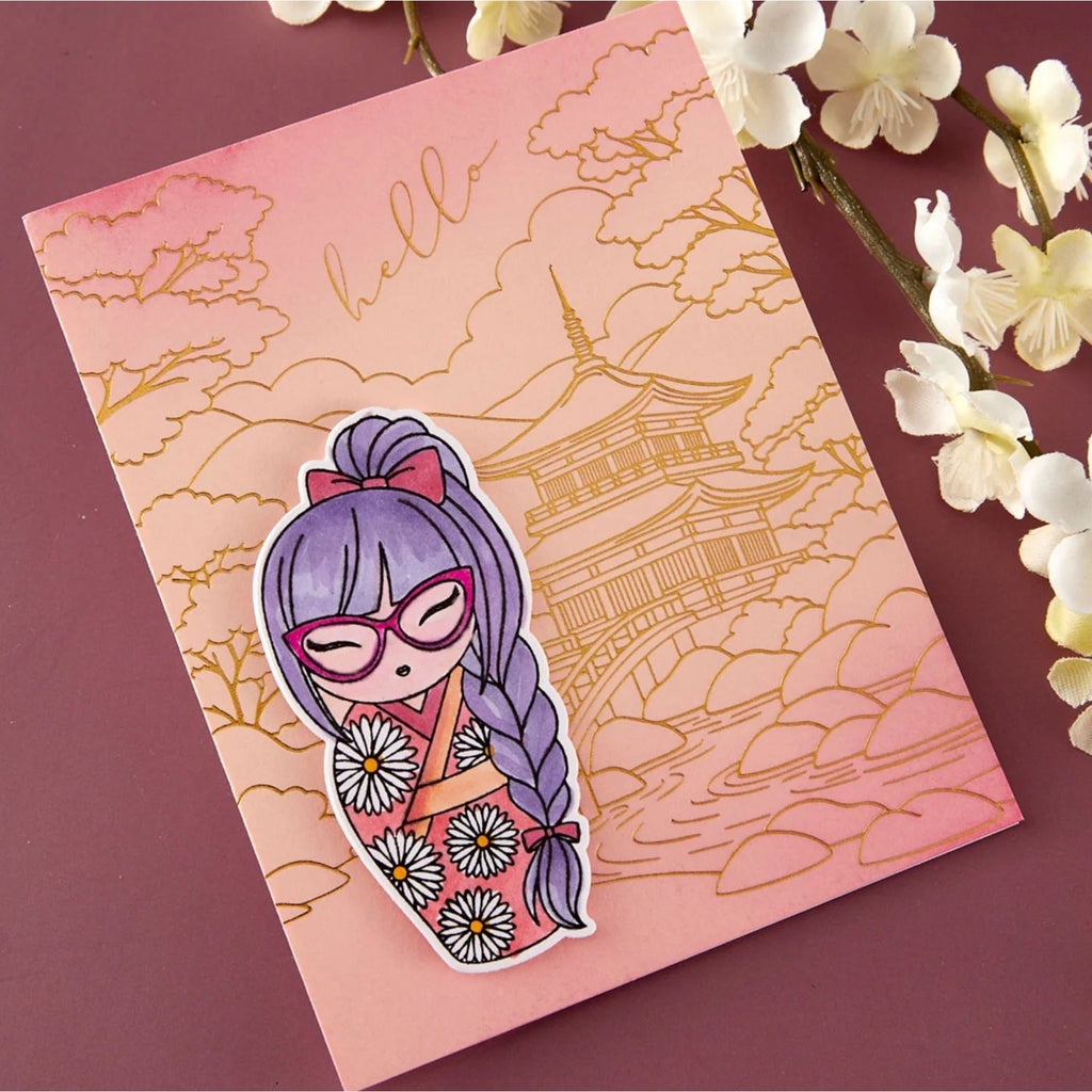 Spellbinders Autumn in Kyoto Clear Stamp Set stp-294 doll with purple hair red glasses pink dress with white flowers hello card