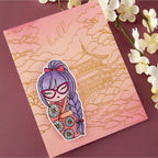 Spellbinders Autumn in Kyoto Clear Stamp Set stp-294 doll with purple hair red glasses pink dress with white flowers hello card