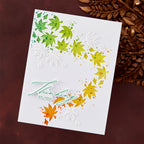 Spellbinders Autumn in Kyoto Curated Stamp, Die, Press and Foil, Stencil and Folder Set bd-1127 green and yellow leaves thinking of you card