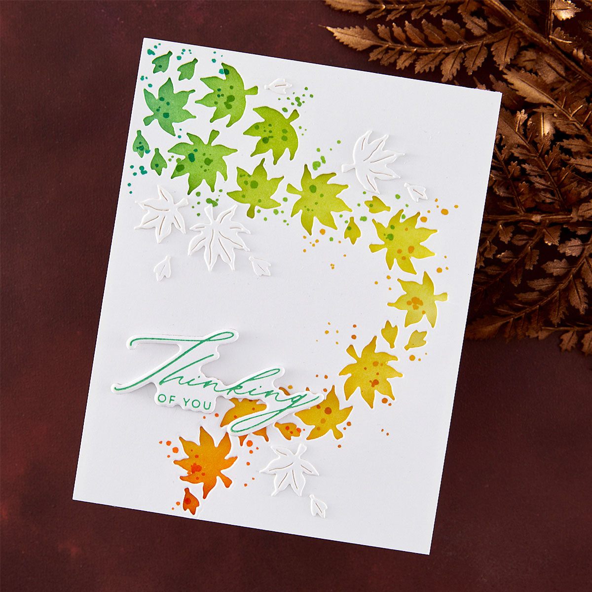 Spellbinders Autumn in Kyoto Curated Stamp, Die, Press and Foil, Stencil and Folder Set bd-1127 green and yellow leaves thinking of you card