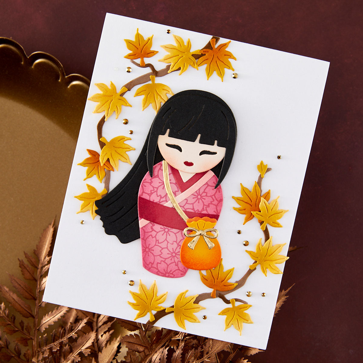 Spellbinders Autumn in Kyoto Curated Stamp, Die, Press and Foil, Stencil and Folder Set bd-1127 long black hair yellow leaves orange pouch card