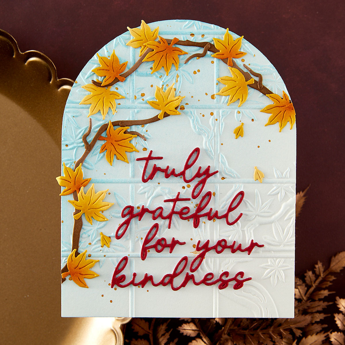 Spellbinders Autumn in Kyoto Curated Stamp, Die, Press and Foil, Stencil and Folder Set bd-1127 yellow leaves on branches grateful card