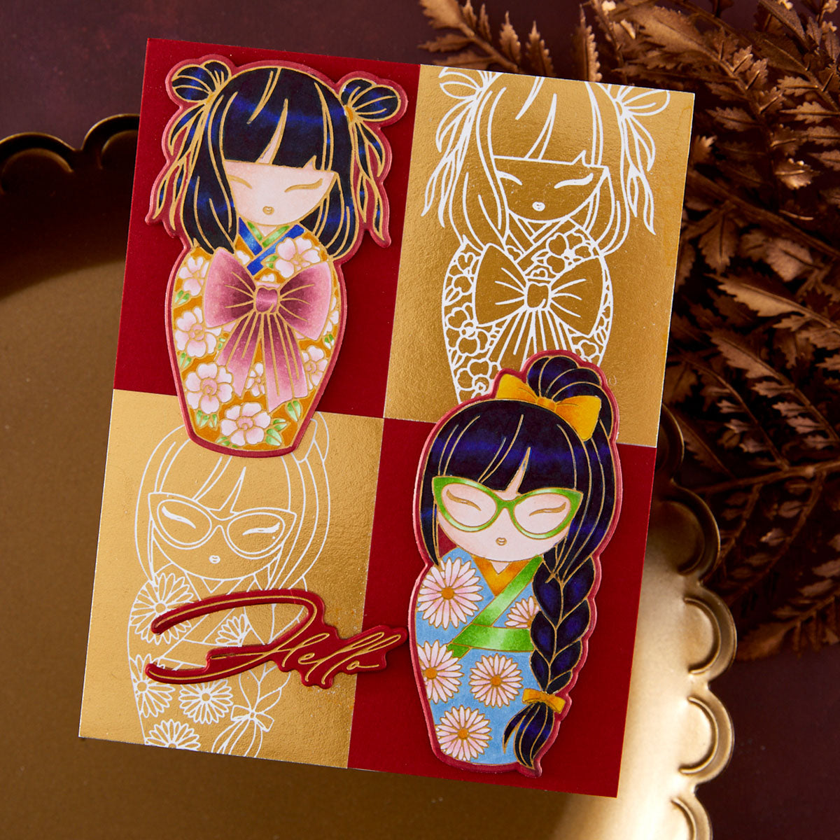 Spellbinders Autumn in Kyoto Press and Foil Plate and Die Set bp-379 green glasses blue dress with pink flowers hello card