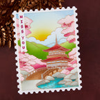 Spellbinders Autumn in Kyoto Press and Foil and Stencil Set bd-1126 pink trees bridge red house miss you card