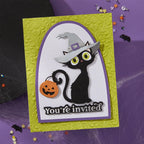 Spellbinders Birthday Sentiments Press and Foil Plate and Die Set bp-392 black cat with hat pumpkin you're invited card