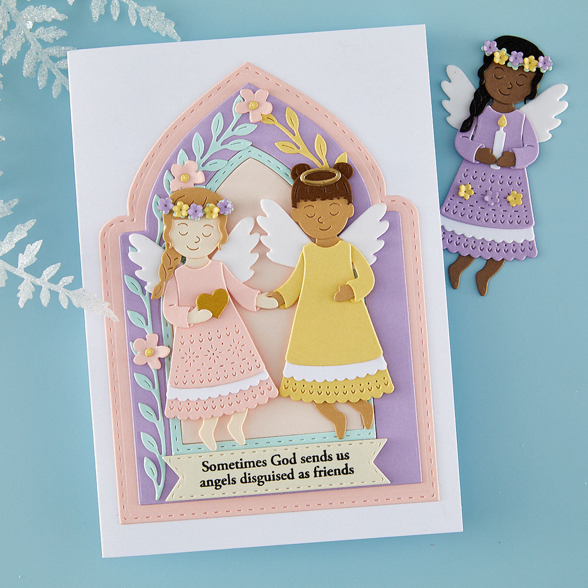 Spellbinders Blessing Angels Etched Dies s4-1555 girl angels flower headbands pink dress friends card