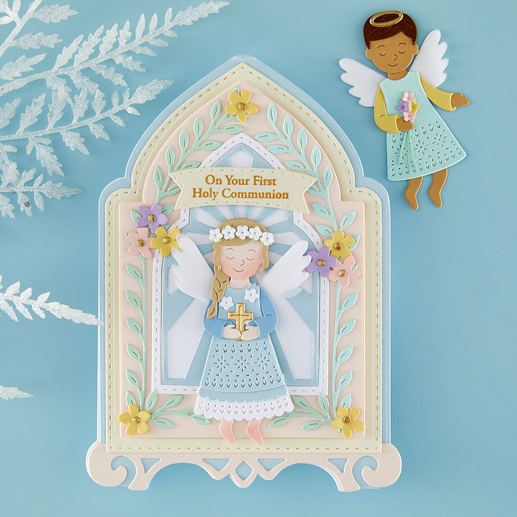 Spellbinders Blessing Angels Etched Dies s4-1555 little girl holding cross wings colored flowers holy communion card
