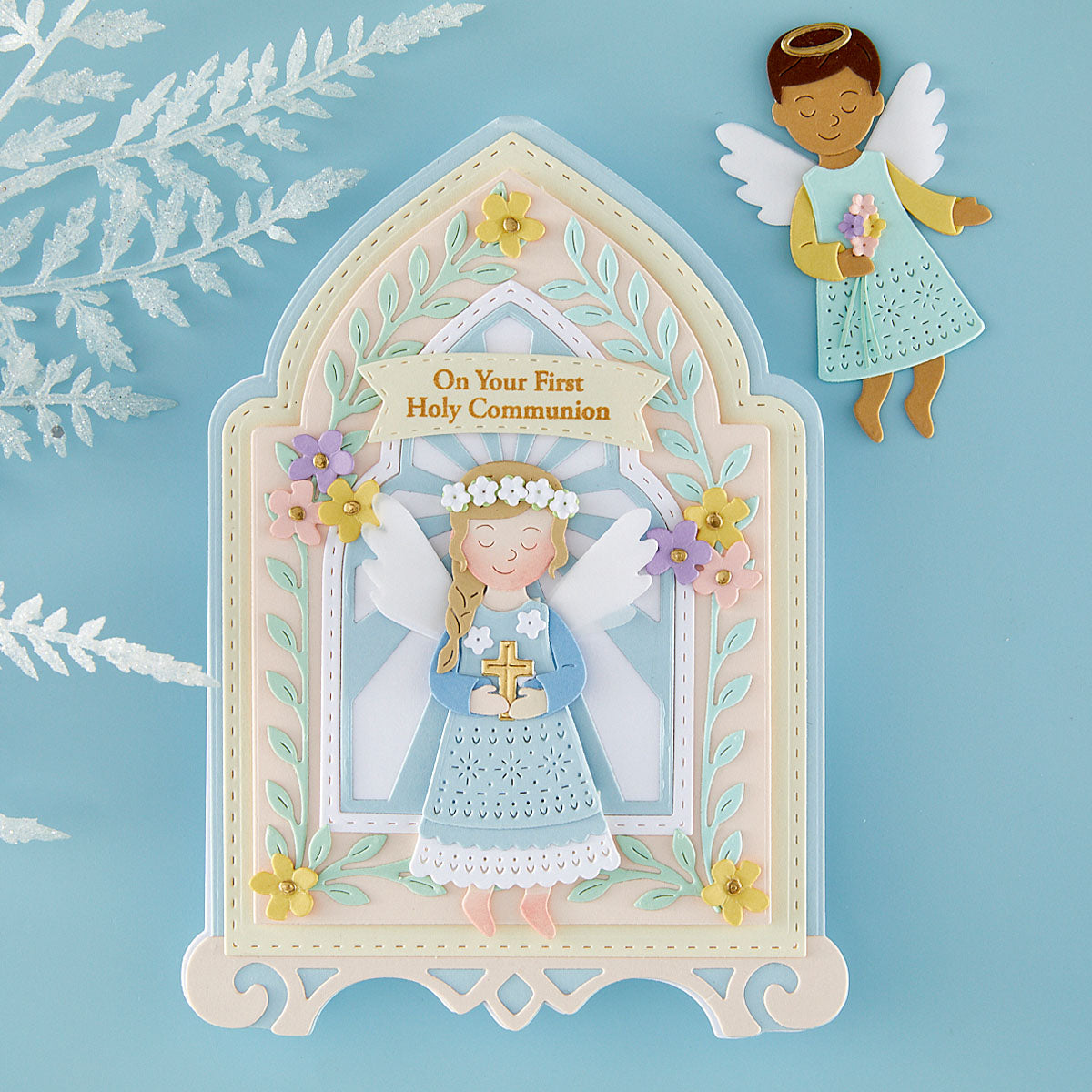 Spellbinders Blessing Angels Etched Dies s4-1555 little girl holding cross wings colored flowers holy communion card
