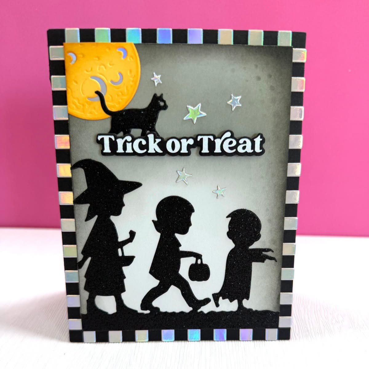 Spellbinders Boo Parade Etched Dies s4-1565 checkered trim kids in costumes tick or treat card