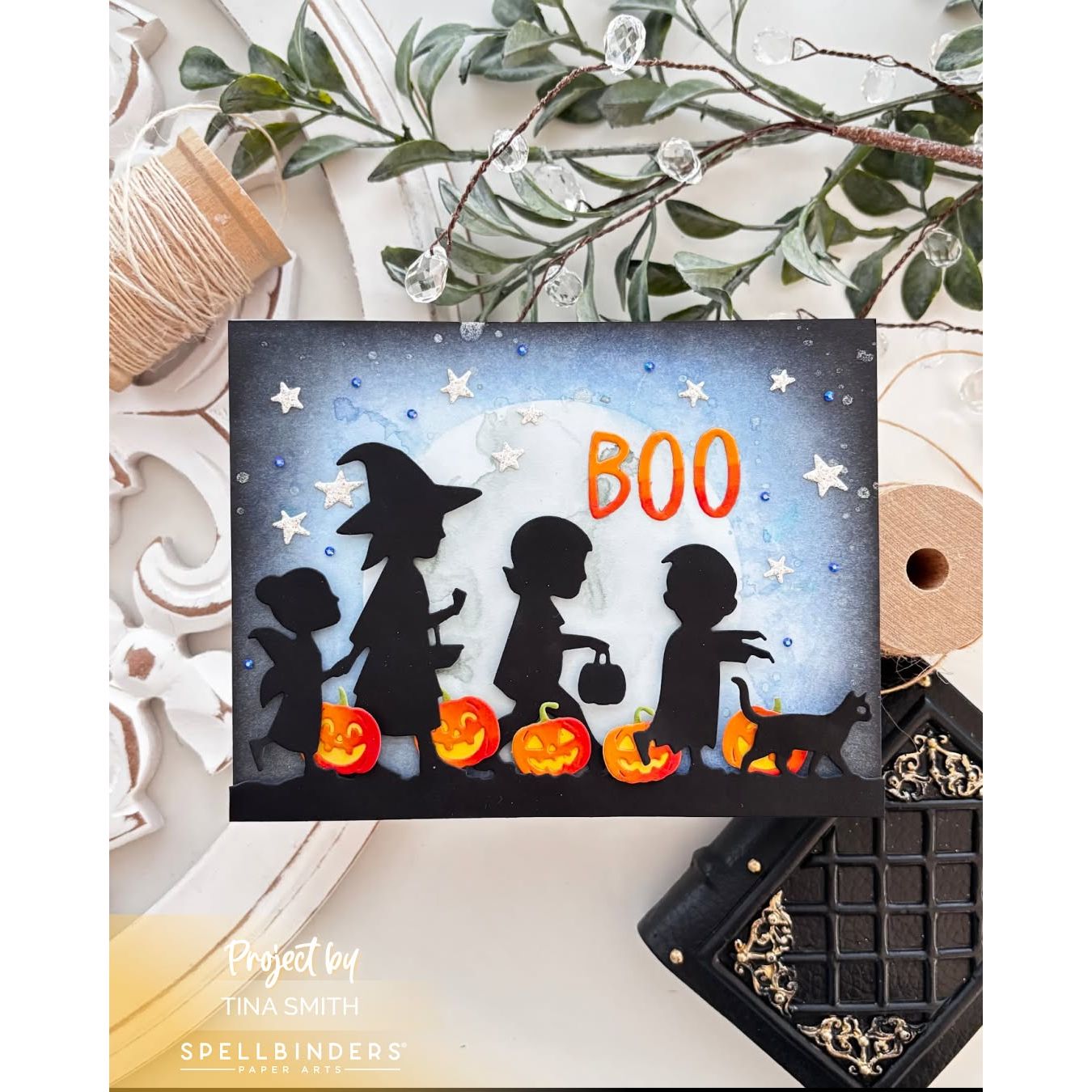 Spellbinders Boo Parade Etched Dies s4-1565 full moon stars pumpkins children walking boo card tina smith
