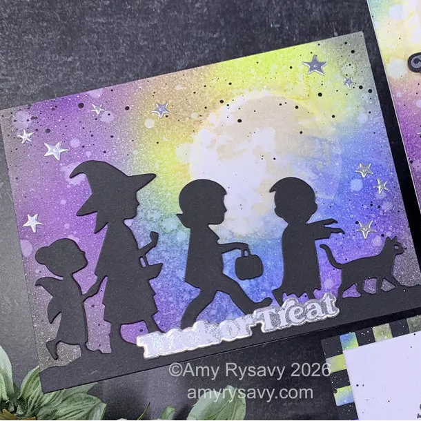 Spellbinders Boo Parade Etched Dies s4-1565 kids in costumes silver stars full moon trick or treat card amy rysavy | color-code:ALT01