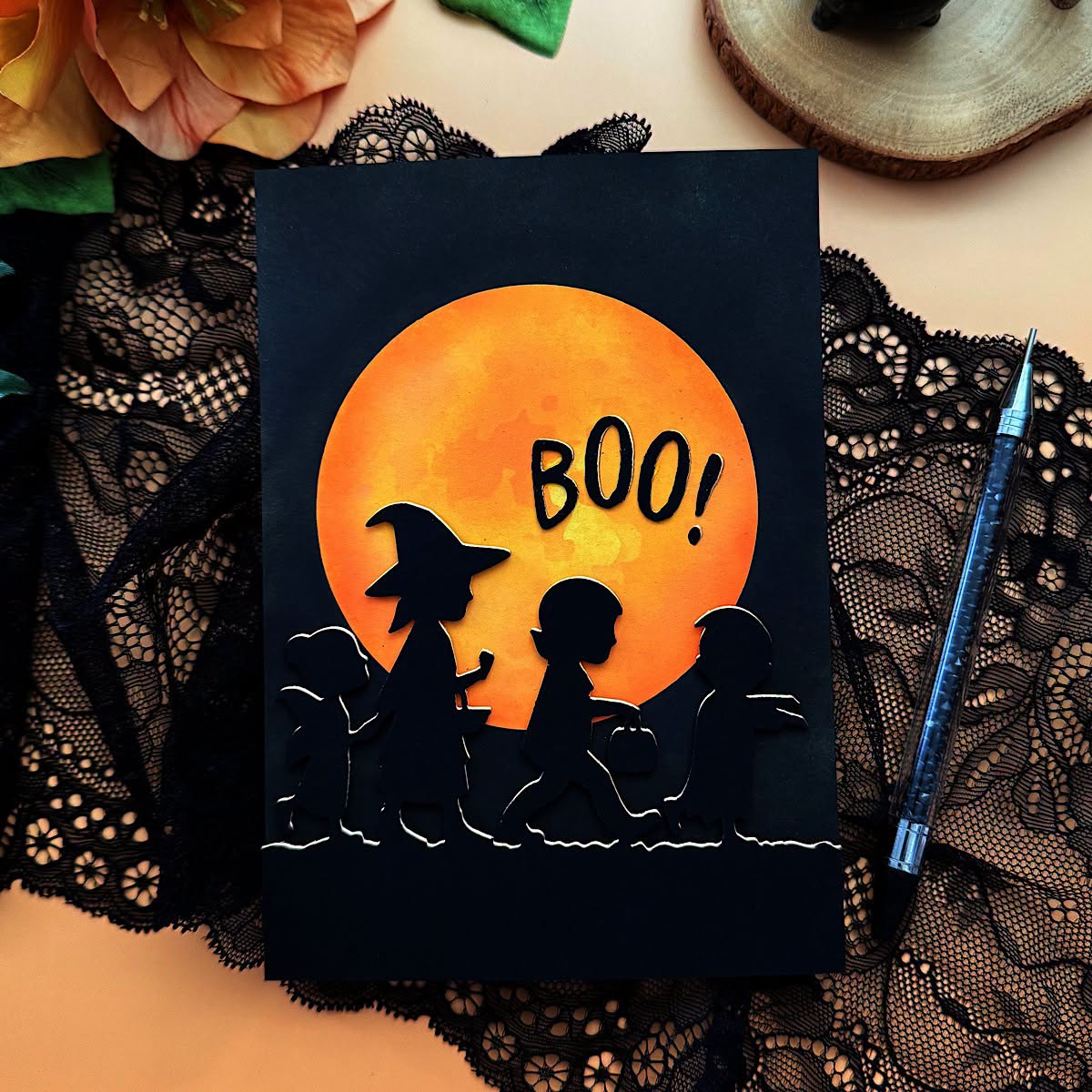 Spellbinders Boo Parade Etched Dies s4-1565 orange full moon black background boo card