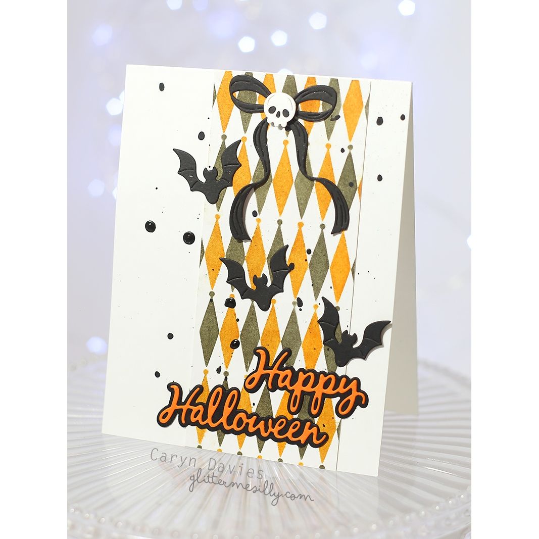 Spellbinders Boos Cocktails Etched Dies s4-1381 skull black biw with bats happy halloween card caryn davies