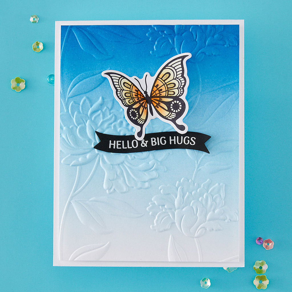 Spellbinders Bright Butterflies Press and Foil Plate and Die Set bp-373 orange wings hello and big hugs card