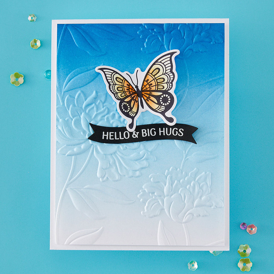 Spellbinders Bright Butterflies Press and Foil Plate and Die Set bp-373 orange wings hello and big hugs card