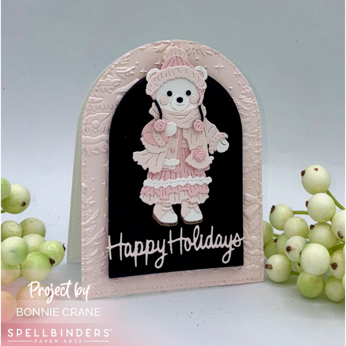 Spellbinders Bundled Up Winter Bear Etched Dies s4-1568 pink dress scarf happy holidays card bonnie crane