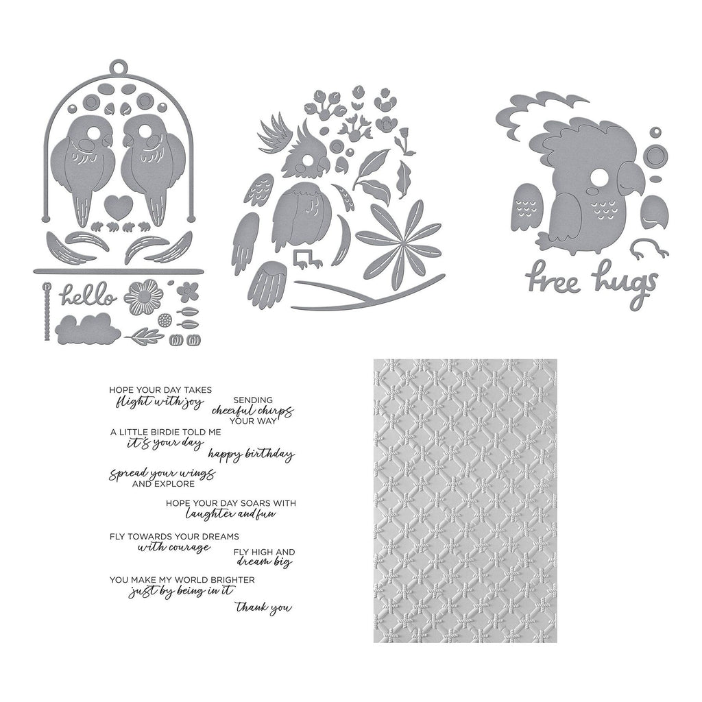 Spellbinders Cheerful Chirps Stamp, Folder and Die Bundle pieces