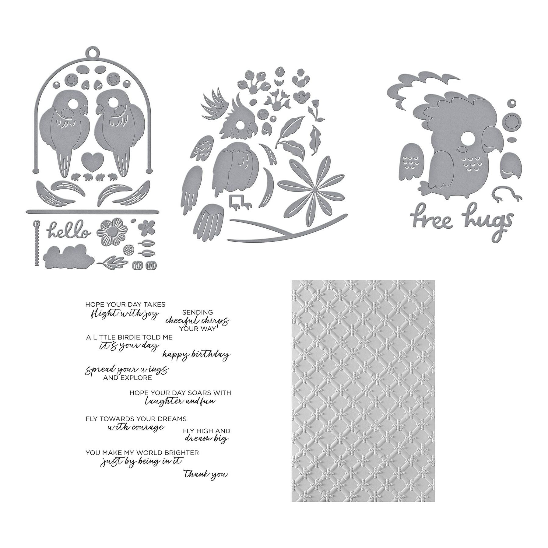 Spellbinders Cheerful Chirps Stamp, Folder and Die Bundle pieces