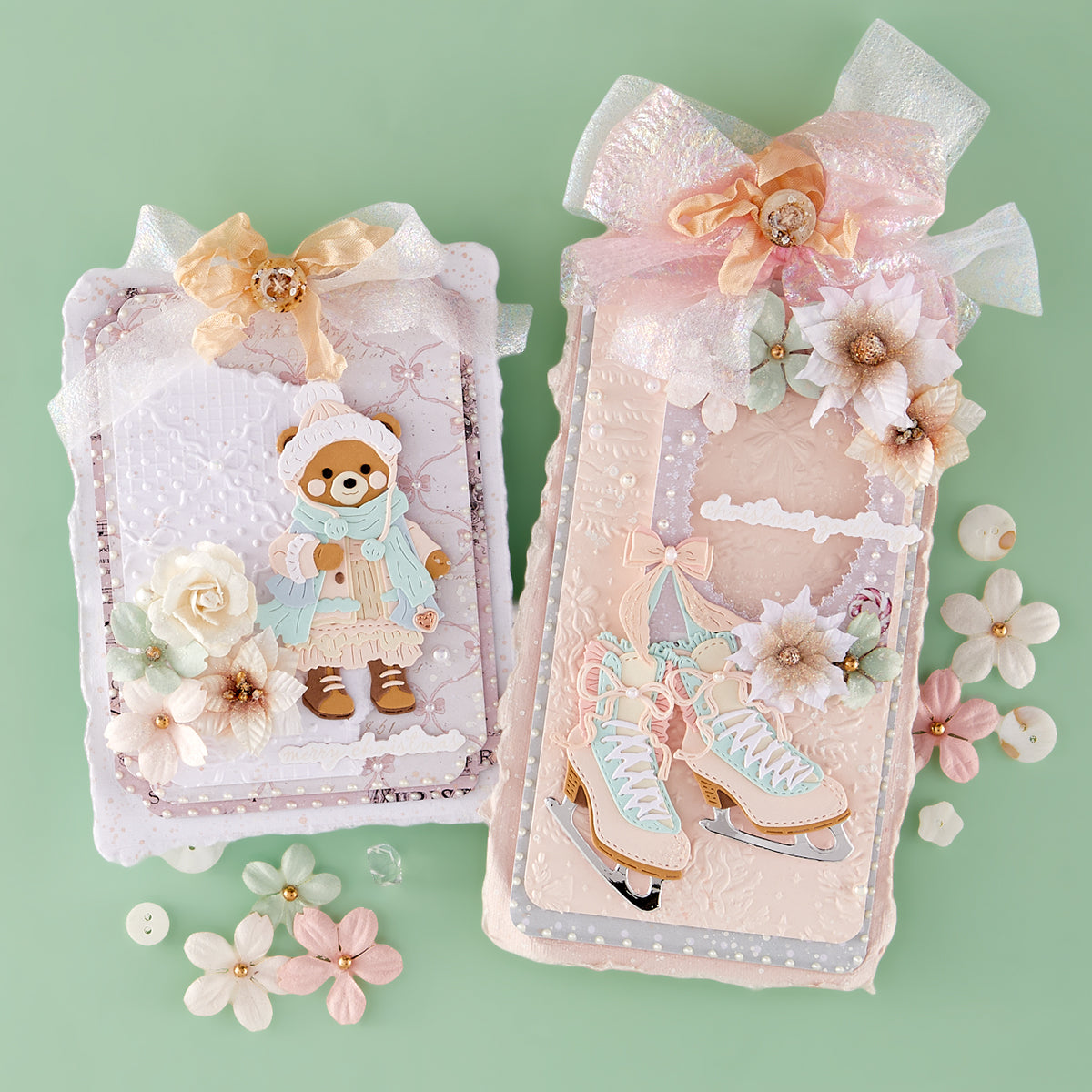 Spellbinders Christmas Blush Die, Folder and Press and Foil Plate Set bd-1150 teddy bear wearing dress and scarf ice skates flowers ribbon bows cards