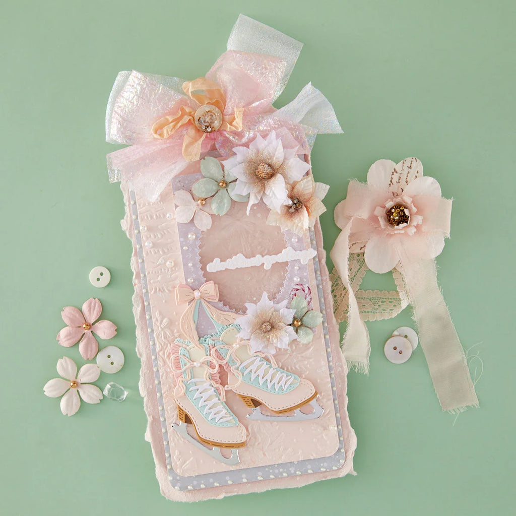 Spellbinders Christmas Blush Sentiments Press and Foil Plate and Die Set bp-393 ice skates pearls silk ribbon flwoers card