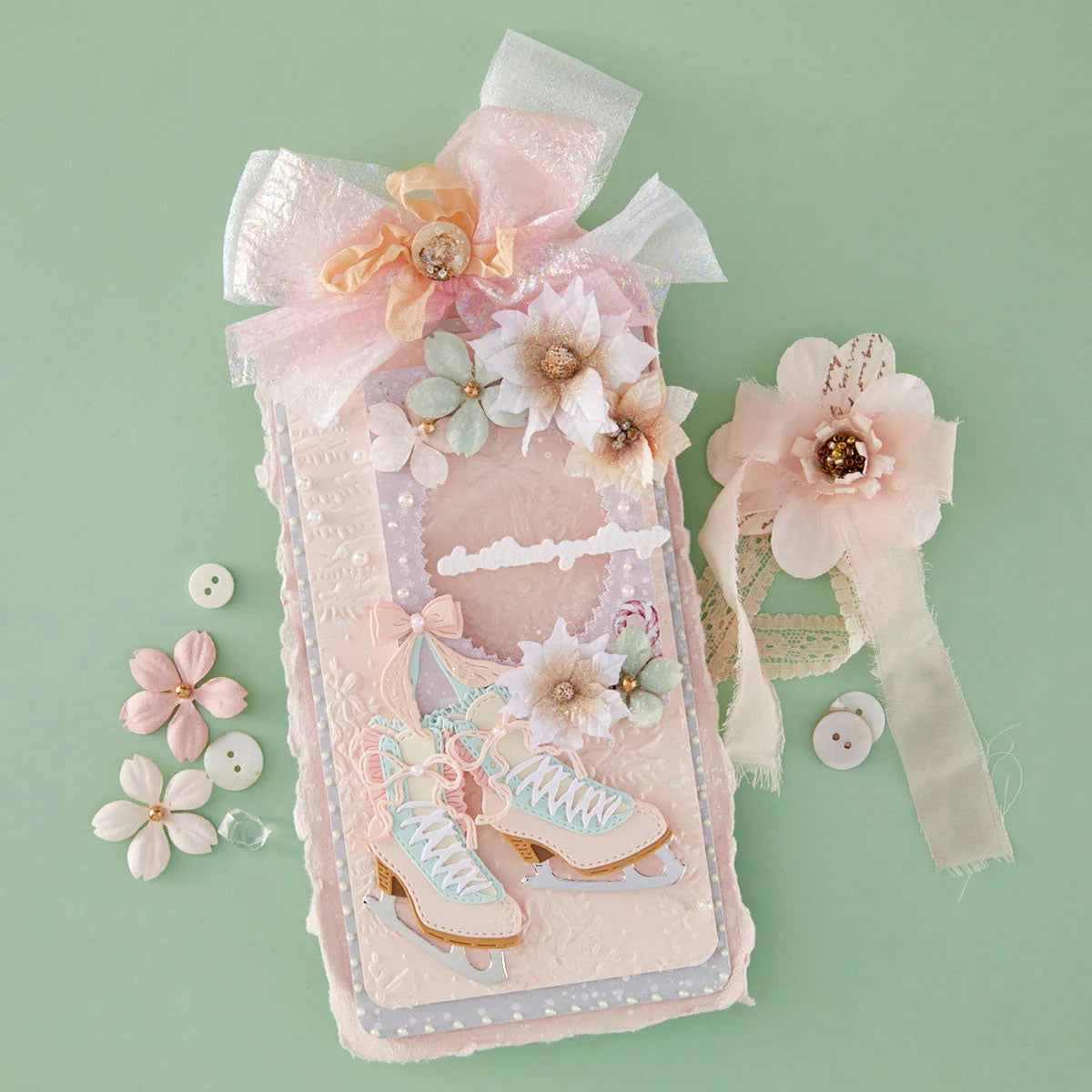 Spellbinders Christmas Blush Sentiments Press and Foil Plate and Die Set bp-393 ice skates pearls silk ribbon flwoers card