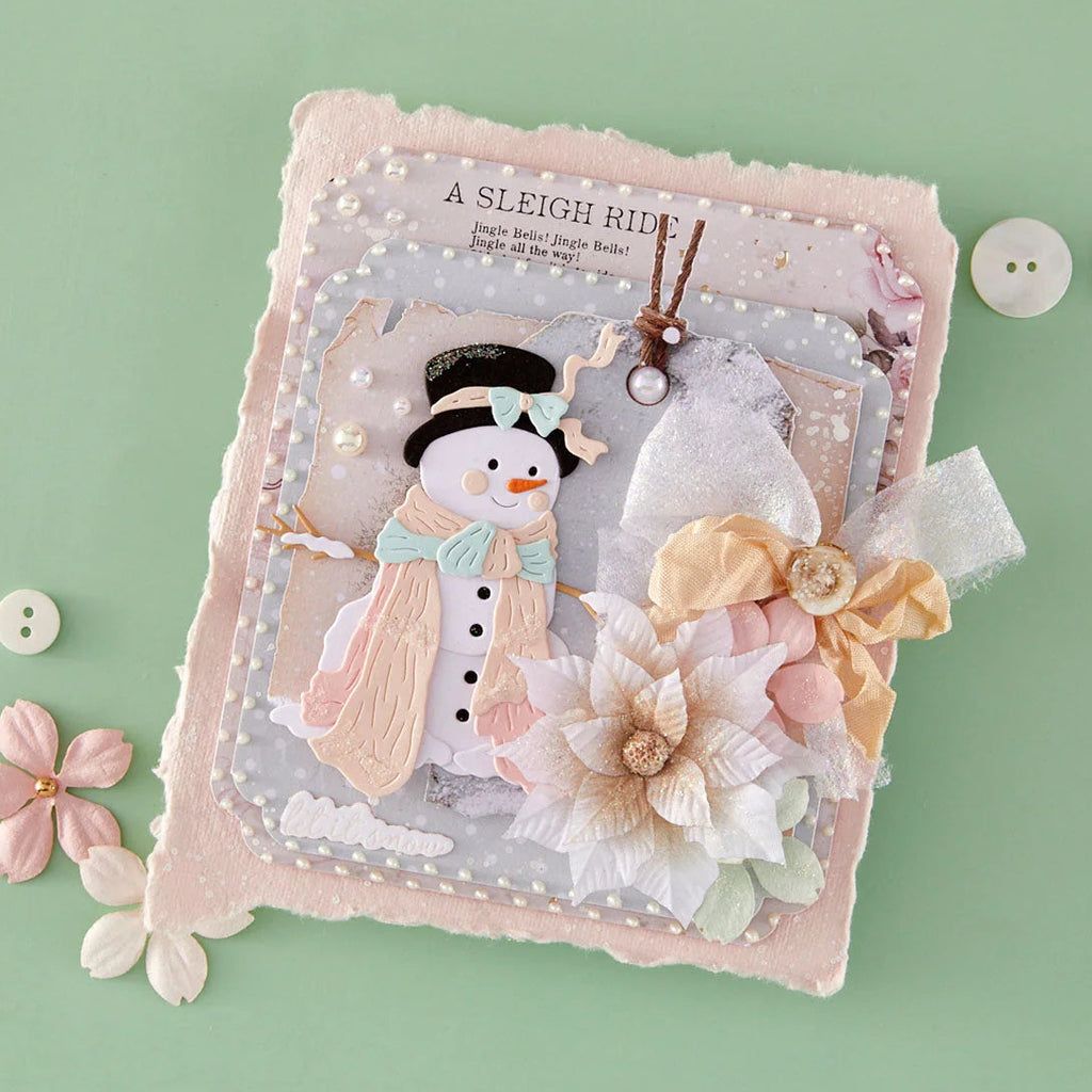Spellbinders Christmas Blush Sentiments Press and Foil Plate and Die Set bp-393 snowman with scarf flowers silk ribbon bow let it snow card