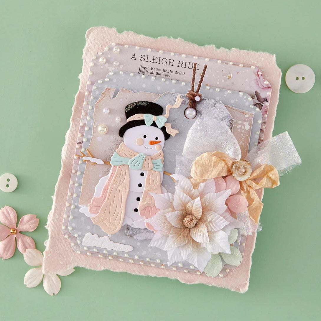 Spellbinders Christmas Blush Sentiments Press and Foil Plate and Die Set bp-393 snowman with scarf flowers silk ribbon bow let it snow card