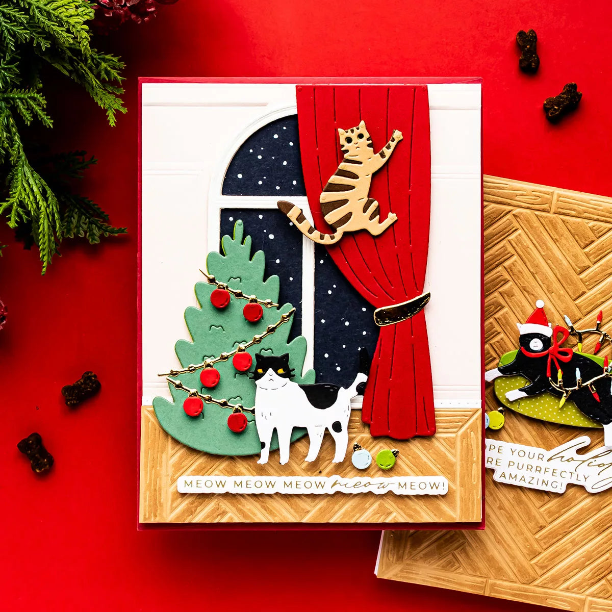 Spellbinders Christmas Cats Accessories Etched Dies s4-1547 black and white cat red curtains meow card